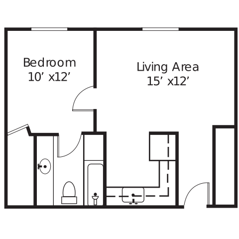 Floor plan for 1 bed, 1 bath, 650 sqft